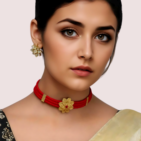 Red Beaded Handmade Brass Alloy Choker Necklace